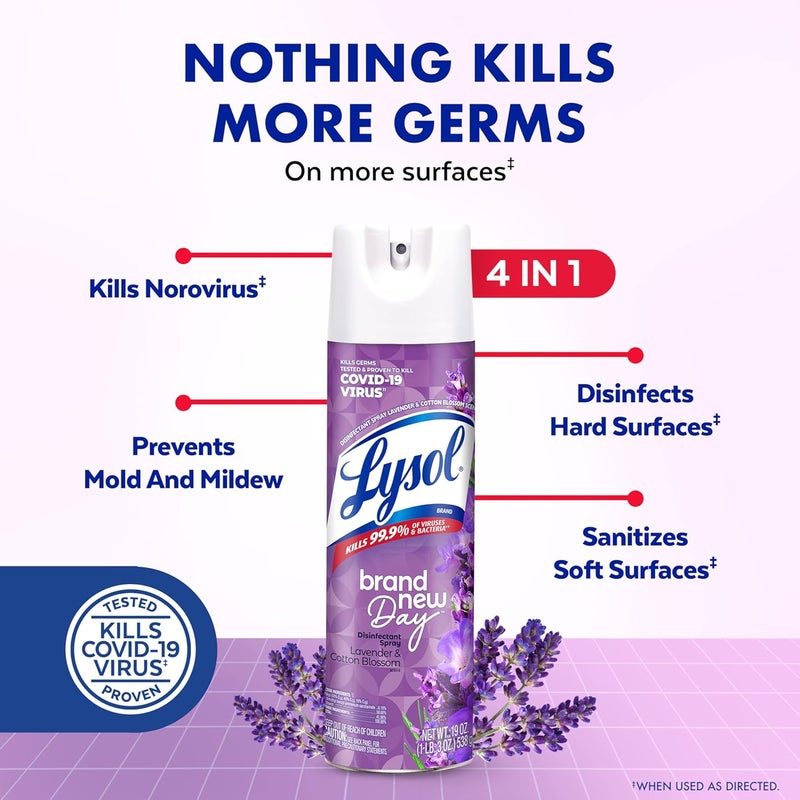 Lysol رذاذ مطهر، رذاذ معقم ومضاد للبكتيريا، للتعقيم وإزالة الروائح، برائحة اللافندر وزهرة القطن، 19 أونصة (عبوة من 2) - Image 4